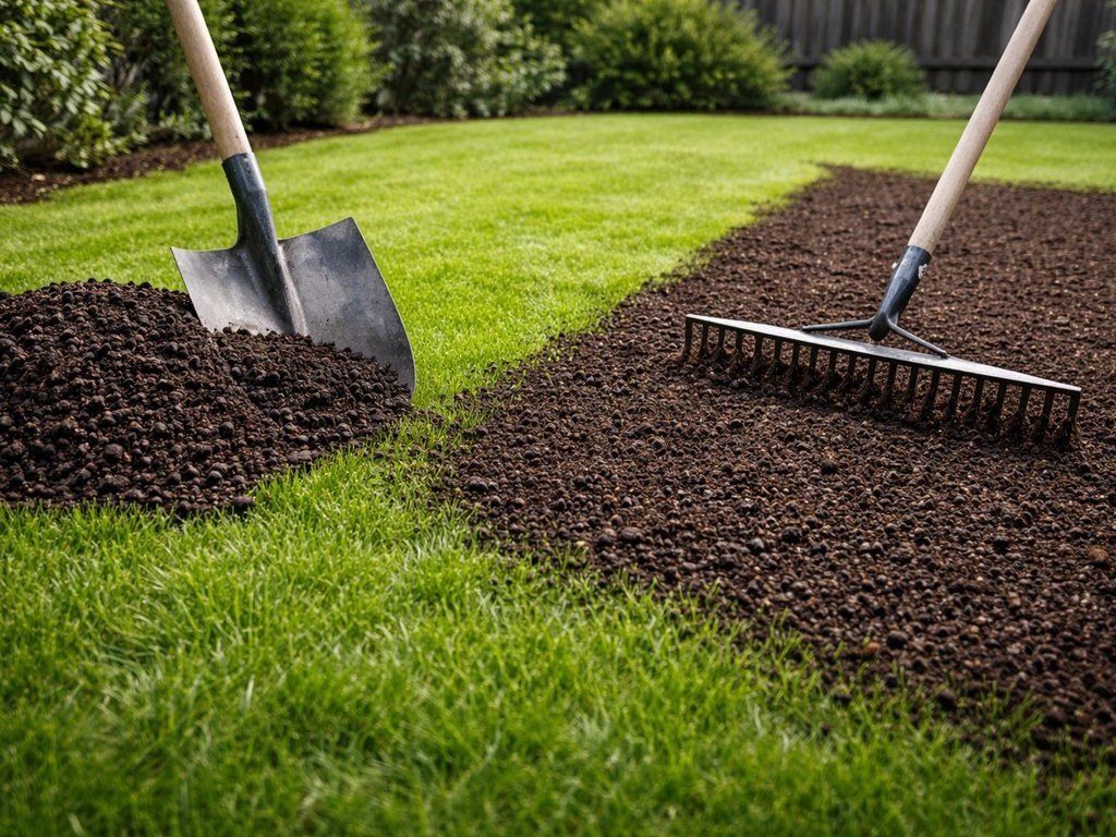 Groen gazon met zichtbaar uitgespreide compostlaag, eenvoudige schep en hark in de achtergrond.