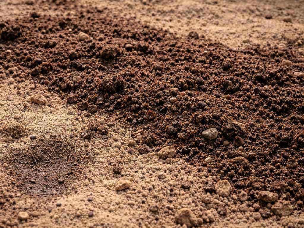 Close-up van zandige, ongelijk vochtige bodem met ingewerkte compost en duidelijke structuurverschillen