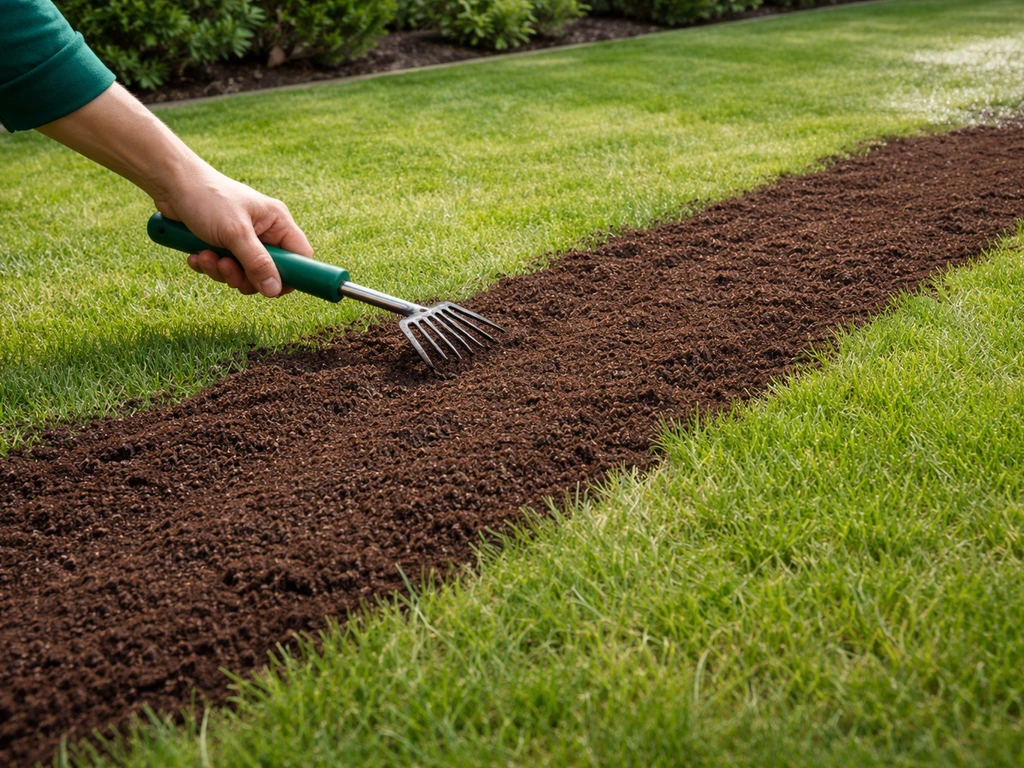 Gelijkmatig gezeefde compost die kort gemaaid gazon wordt verdeeld, licht ingewerkt en net besproeid.