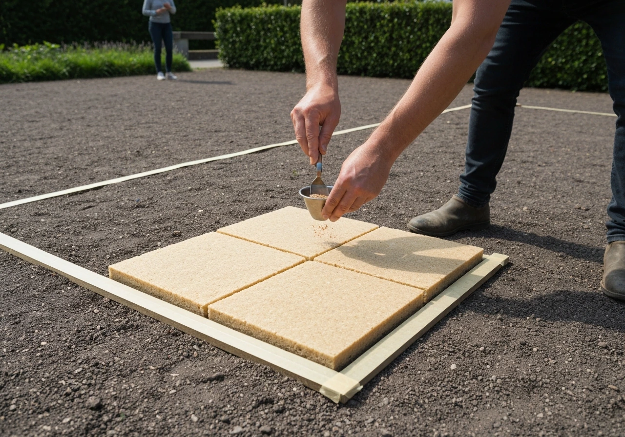 Handen die koemestkorrels doseren op een afgebakend 1 m² gazon, met weegschaal of maatbeker.