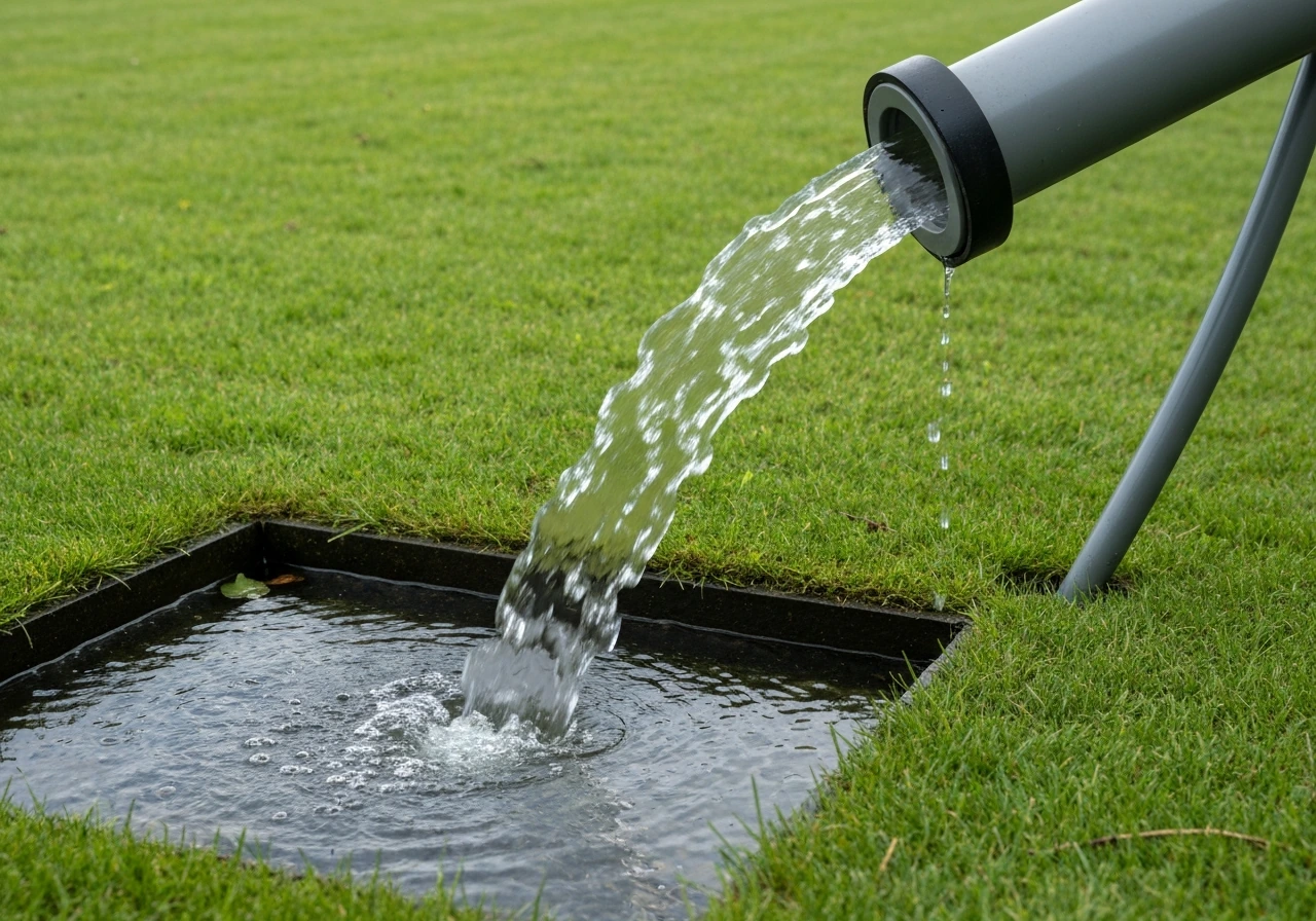 Tuinman beregent het gazon kort na bemesting; waterstraal spoelt korrels richting de bodem.