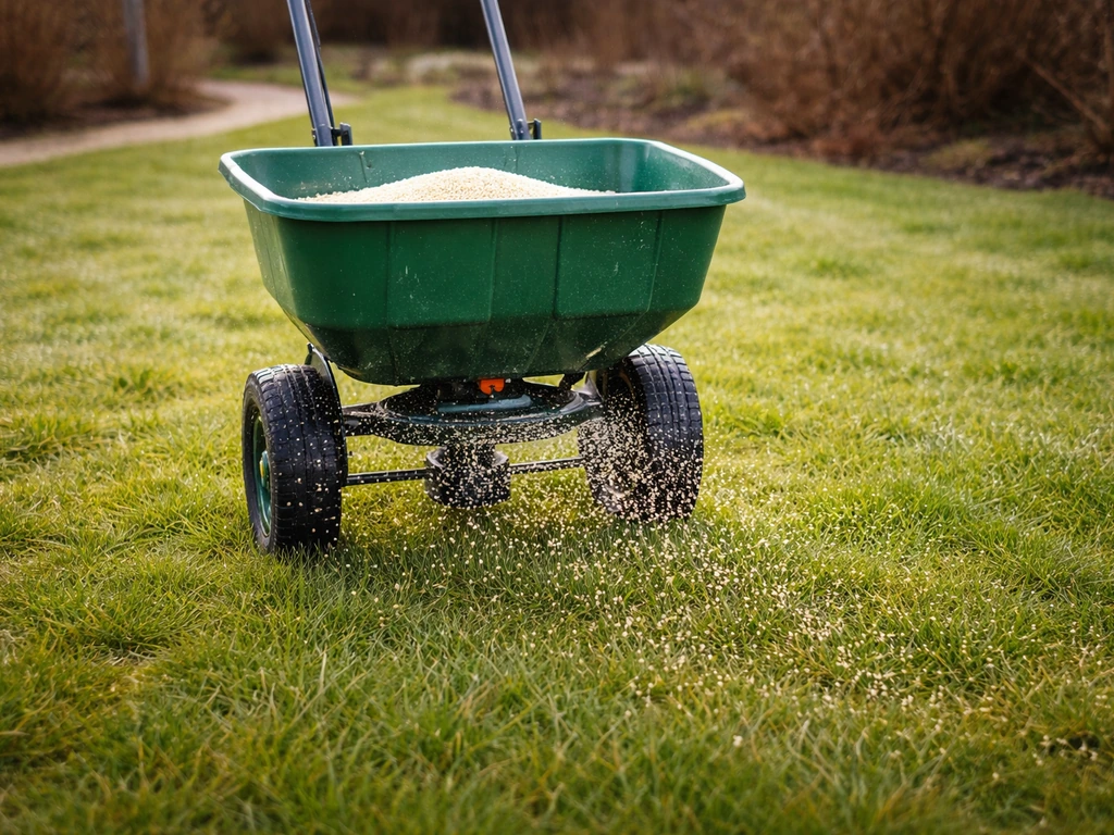 Vroege voorjaar gazon met strooier die kieserietkorrels gelijkmatig over het gras verdeelt.