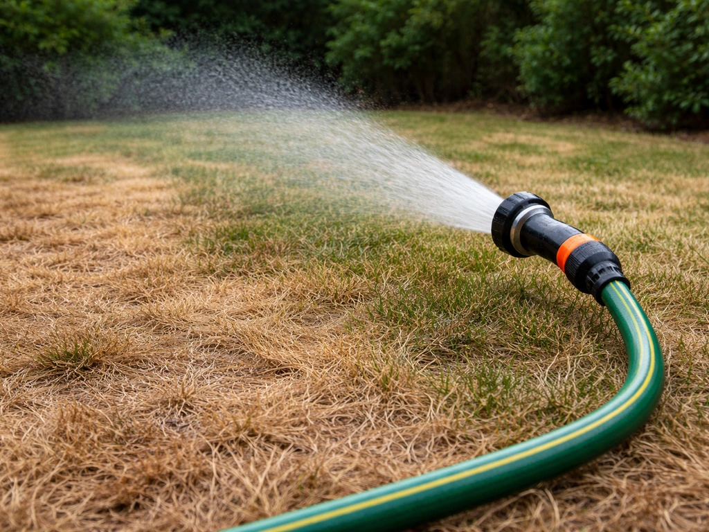 Droog gazon dat meteen wordt beregend met een sproeikop om brandplekken door Kieseriet te voorkomen.