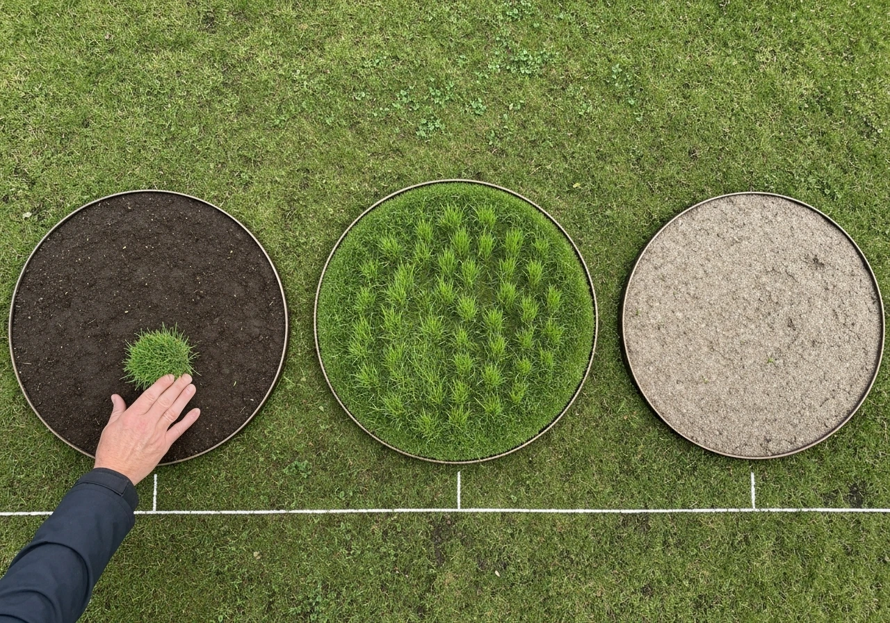 Drie kleine graszodencirkels met nieuw gras, doorgezaaide plekken en kale aarde, naast een liniaal op de bodem