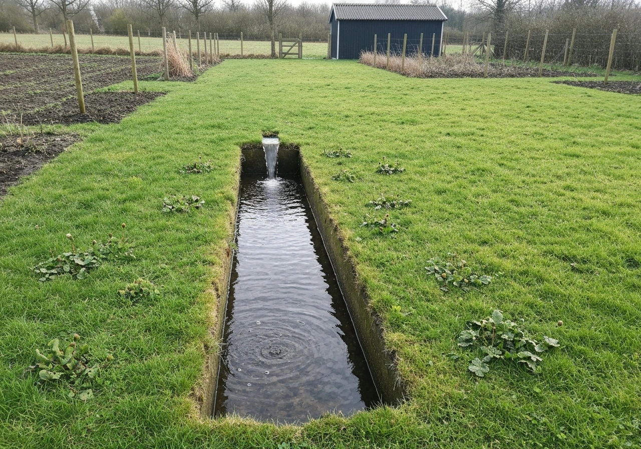Fijne sproeikop geeft waternevel over ingezaaid gazon, met zichtbaar gelijkmatig vochtige bovenlaag.
