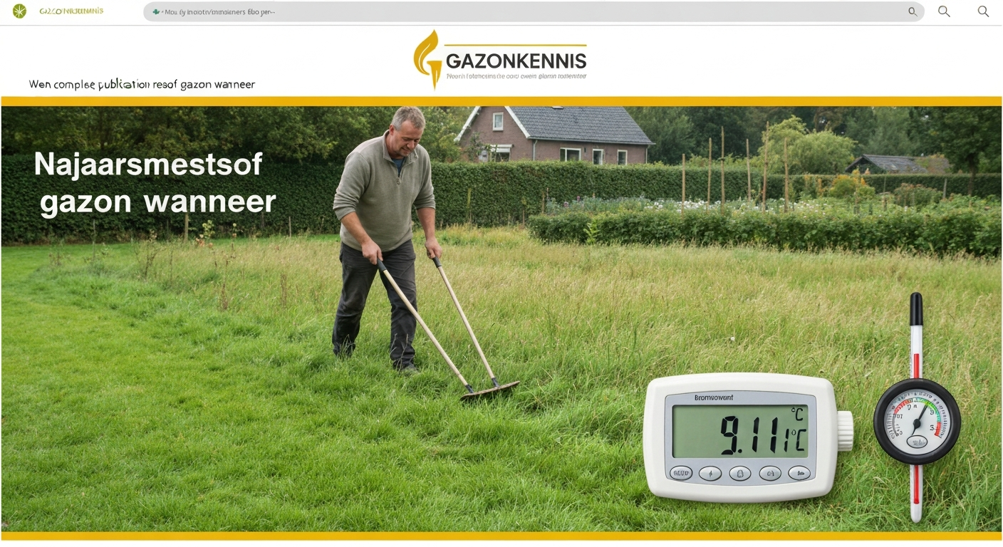 Tuinier strooit najaarsmest op Nederlands gazon in september, met bodemthermometer die circa 10 °C aangeeft.