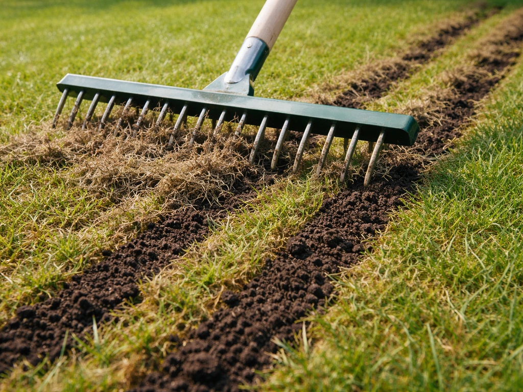 Verticuteur/blad hark over een gazon met zichtbare viltlaag en compost in de vrijgemaakte sleuven.