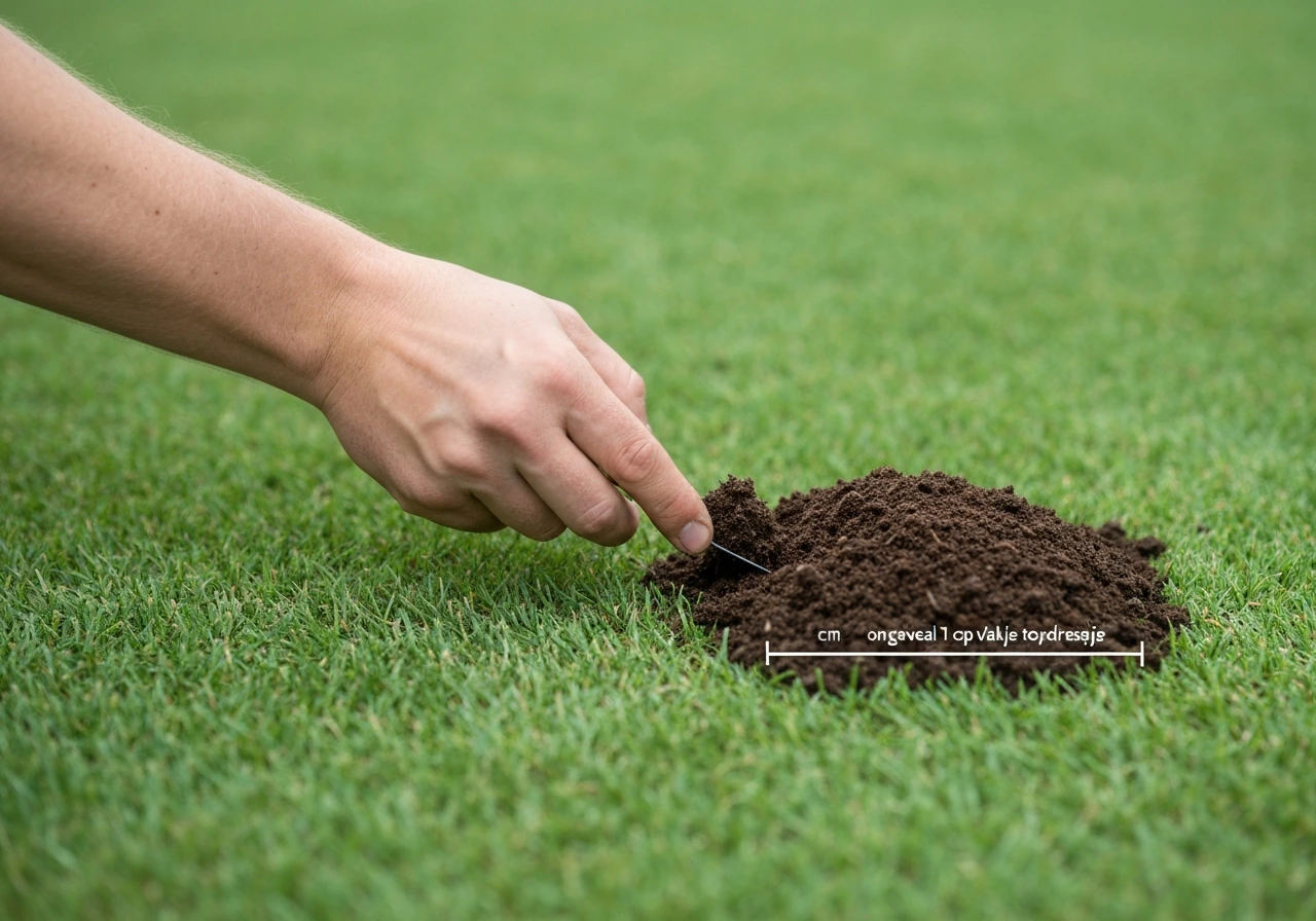 Anonieme hand strooit fijn gezeefde compost op groen gazon; maatbeker en liniaal tonen ~1 cm laag.
