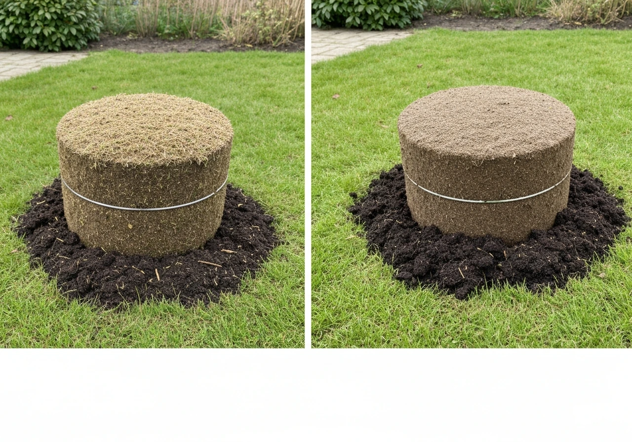 Links te dikke compostlaag die het gras afdekt, rechts dun en gelijkmatig op hetzelfde gazon.