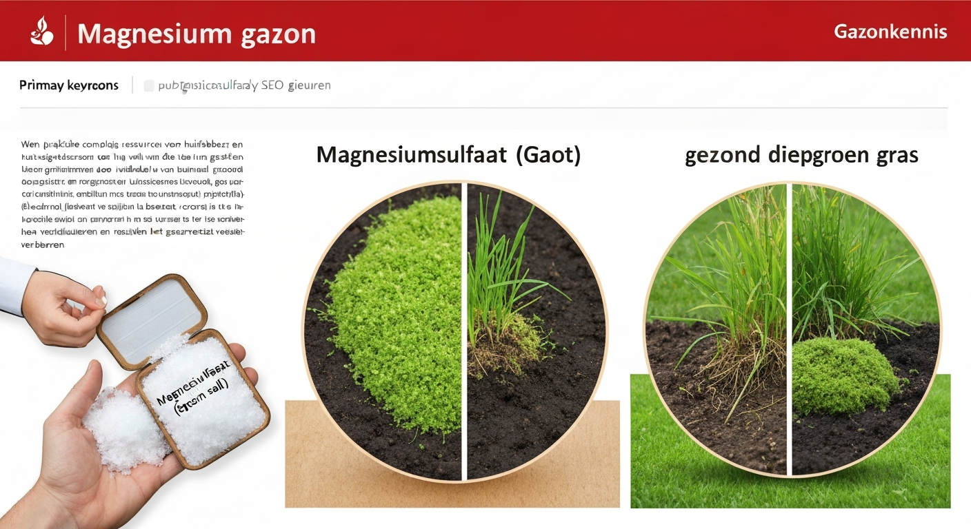 Gazon met links geelgroene tekenen van magnesiumgebrek en rechts gezond groen gras; zak magnesiumsulfaat en strooier op de voorgrond.