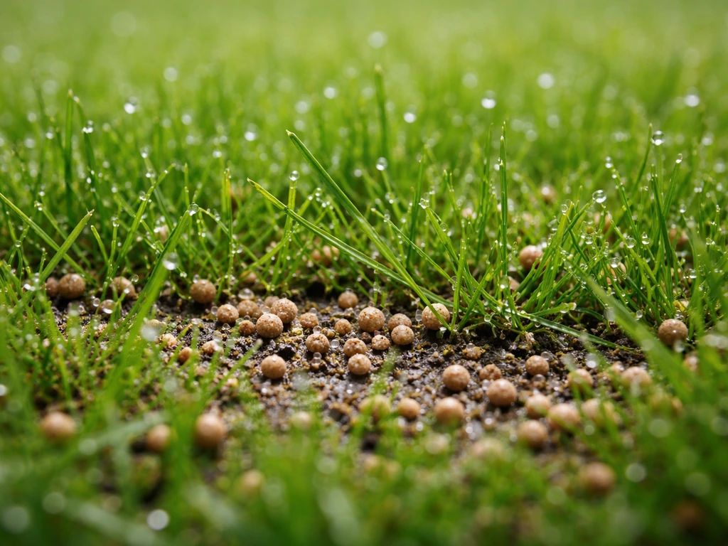 Mestkorrels op een gazon met subtiele waterdruppels na lichte regen, zonder hevige regen