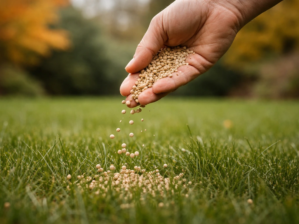 Hand die kaliumrijke najaarsmestkorrels uitstrooit op donker wordend gazon met herfstkleuren op de achtergrond.