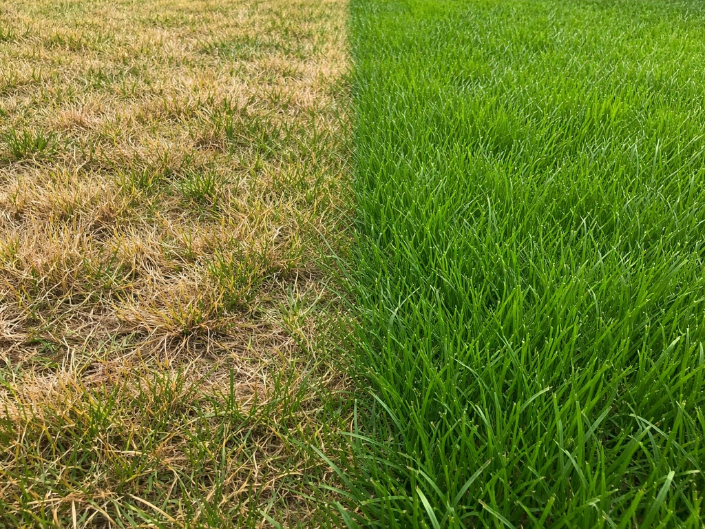 Gazon met naast elkaar geelbruine strogele plekken (mestbrand) en gifgroen, snel groeiend gras (overbemesting).