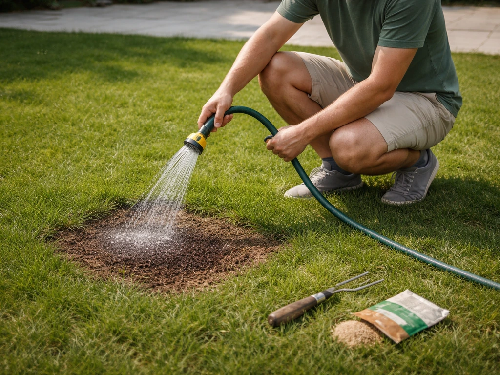 Anonieme tuinier spoelt een bruine, verbrand grasplek met een tuinslang voor herstel.