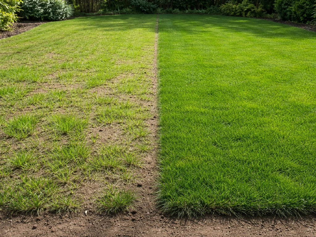 Links nieuw ingezaaid gazon met kale plekken, rechts dicht en egaal gevestigd gras als wacht-indicatie.