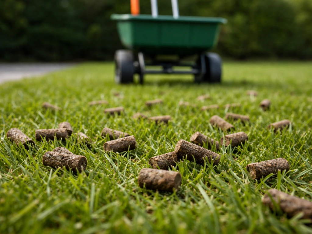 Koemestkorrels op een gazon, met een uitstrooier vaag op de achtergrond bij een simpele tuinsetup.
