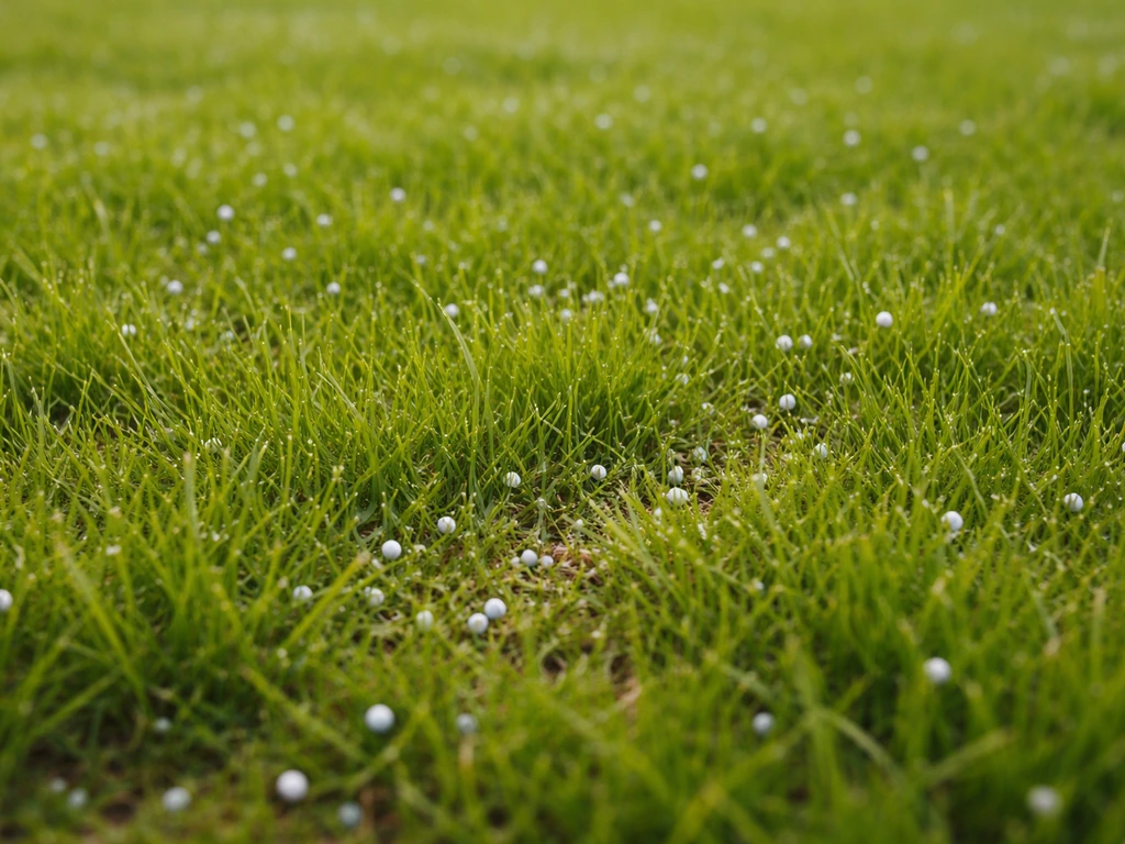 Groen gazon met verse bemesting en kleine, zichtbare korrels tussen het jonge gras in het voorjaar.