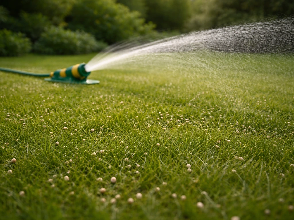 Veldsproeier geeft een vers bemest gazon net na het strooien gelijkmatig water zodat korrels oplossen.