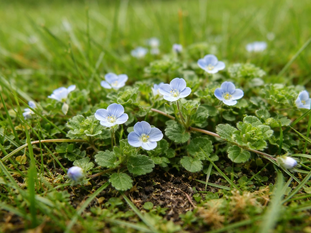 Close-up van draadereprijs tussen het gazon, met zichtbare blaadjes en stengels op aarde.