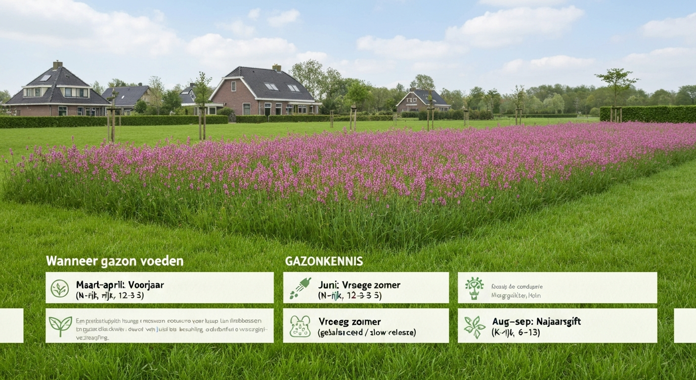 Gezond Nederlands gazon met infografische labels voor voorjaars-, zomer- en najaarsbemesting
