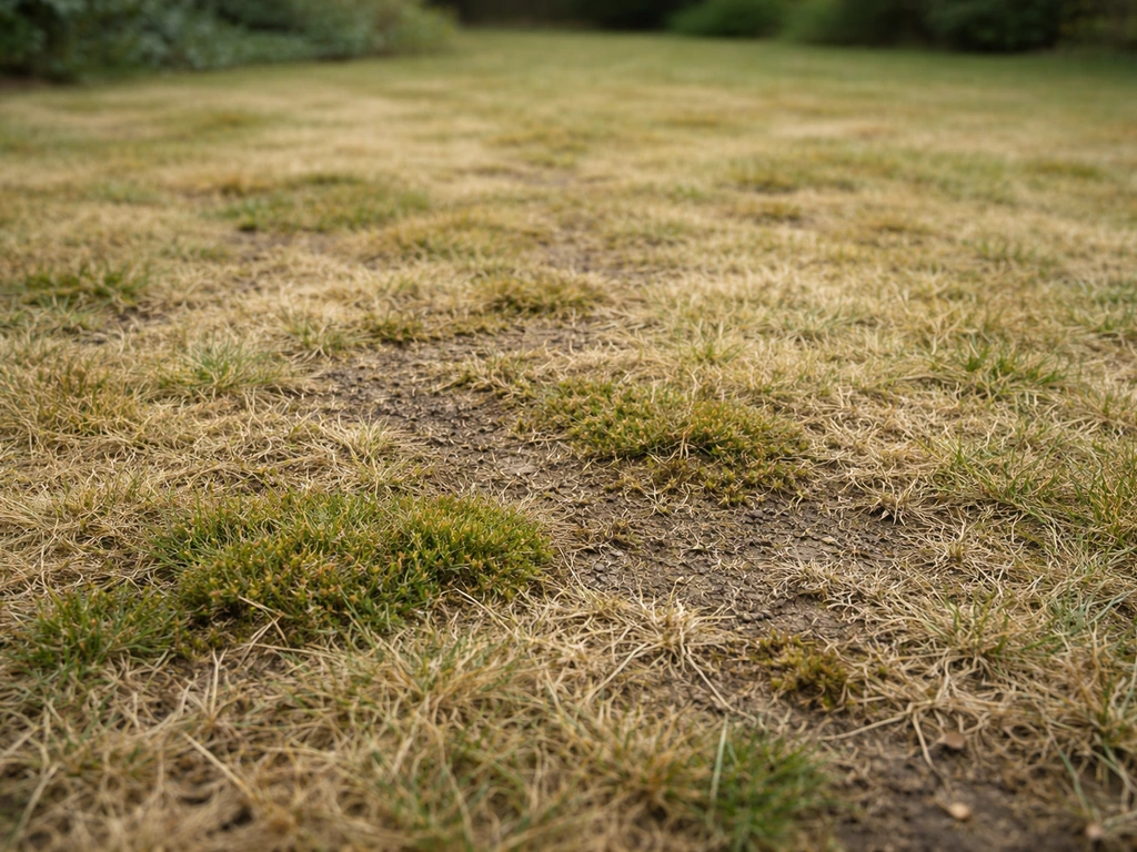 Uitgeput gazon met vergeeld gras, mos en open plekken na de winter, close-up bij daglicht.