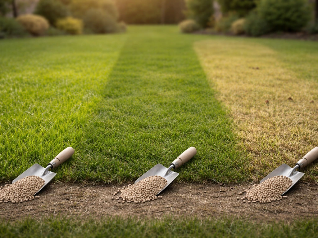 Gazons in drie seizoensstadia met losse mestkorrels naast het gras, zonder tekst of labels.