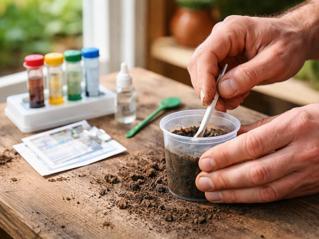 Anonieme handen mengen tuingrond in een kleine pH-meetbeker met een pH-testset op een houten plank.