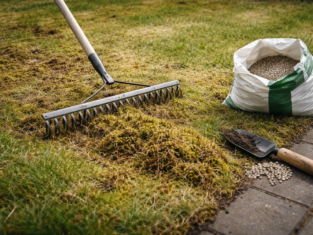 Gazon met mosplekken; verticuteerhark in gebruik en bemestingsmateriaal naast het gras, in natuurlijk licht.
