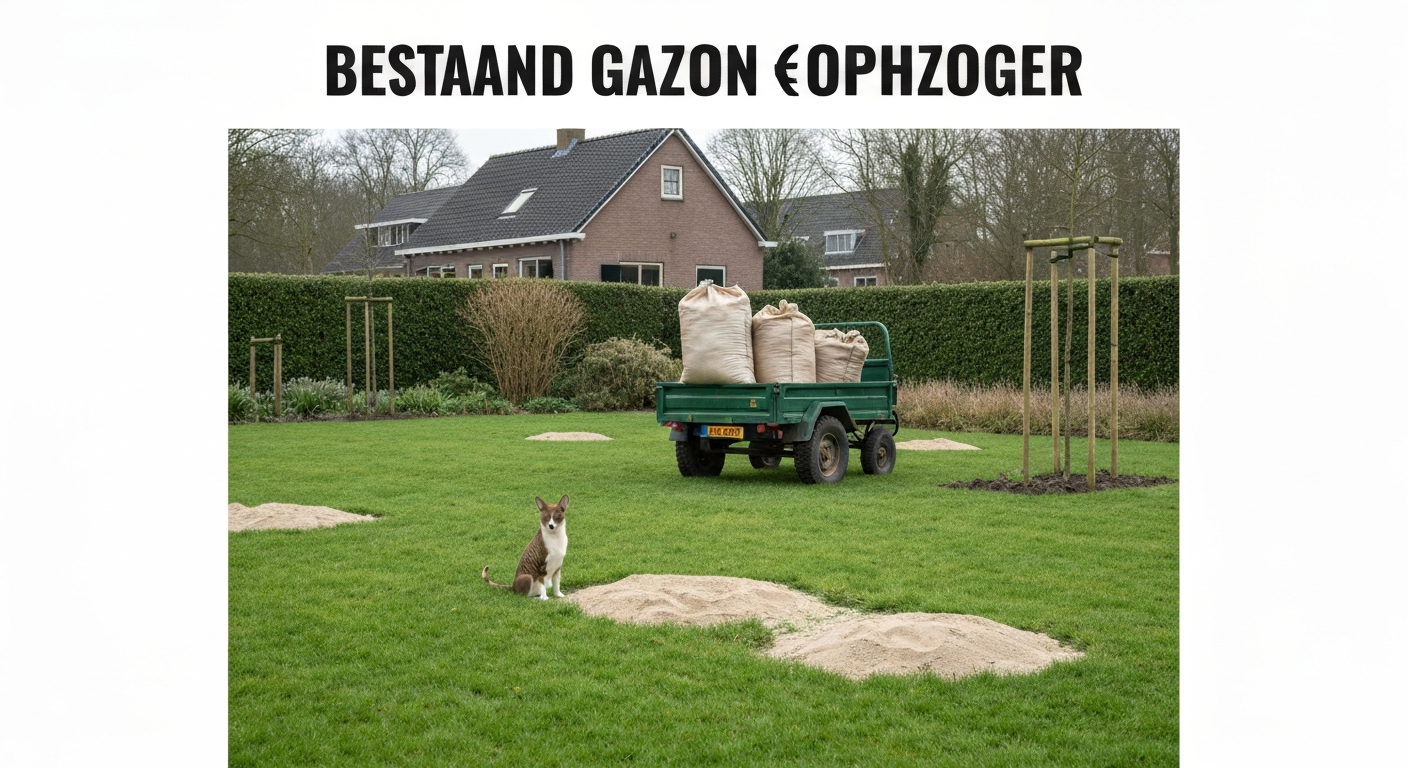 Achtertuingazonde met topdressingzand, hark en kruiwagen in een Nederlandse tuin
