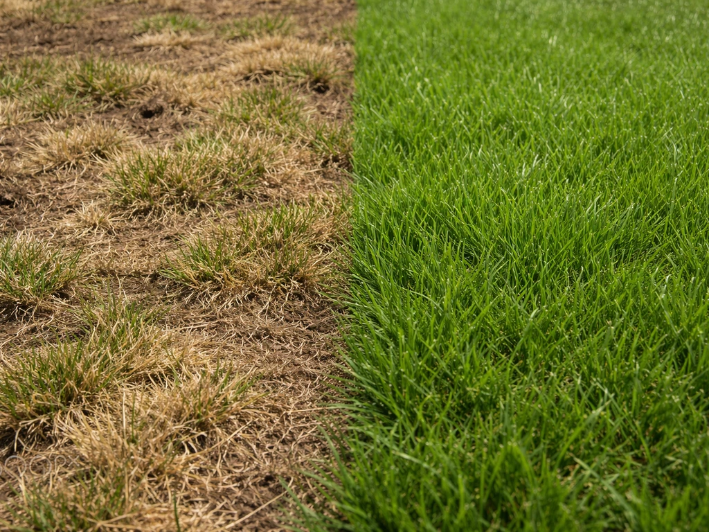 Links bruin en afgestorven gras door verse koemest, rechts groen gezond gras na koemestkorrels.