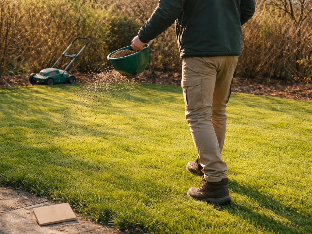 Tuinman brengt koemestkorrels aan op een gazon in het vroege voorjaar of vroege herfst, natuurlijke groei zichtbaar.