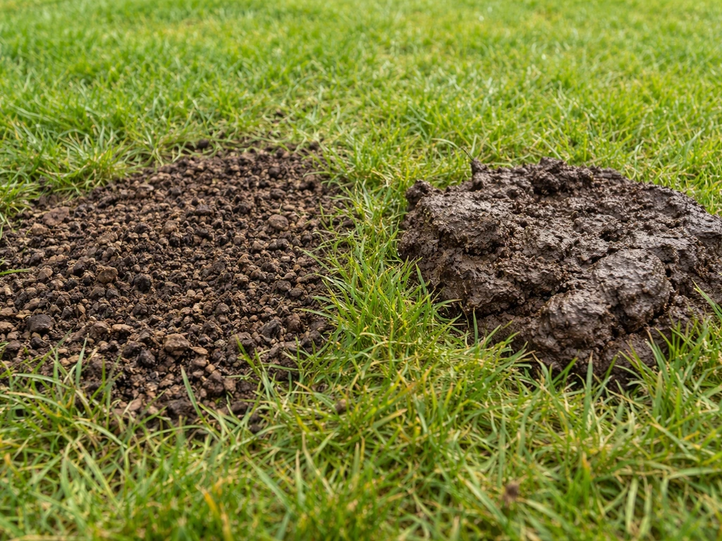 Close-up van een gazon met links doorgecomposteerde mest en rechts verse mest, met duidelijk verschil in textuur.