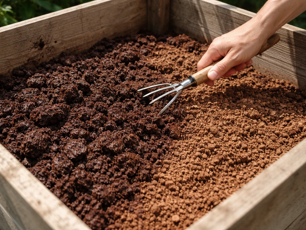 Hand die natte koffiedik losharkt in een compostbak, met dunne drogere laag ernaast