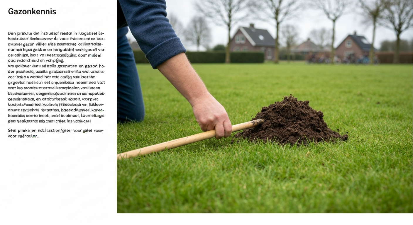 Tuinder strooit voorjaarsmest met strooier over een groen gazon in een Nederlandse tuin.