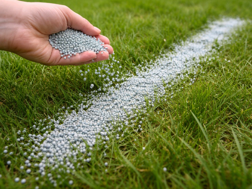 Hand strooit kunstmestkorrels uit; brede overlappende strook op het gras wijst op overbemesting.