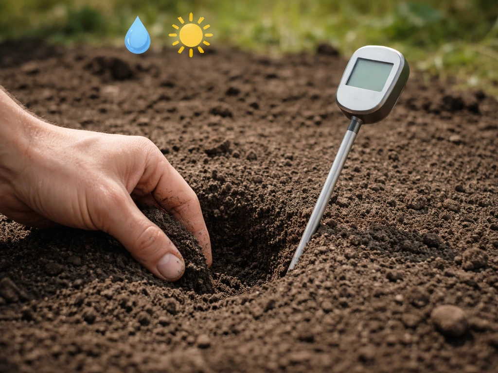 Thermometer in donkere grond met klein regen- en droogsymbool op achtergrond voor timing van bemesten.