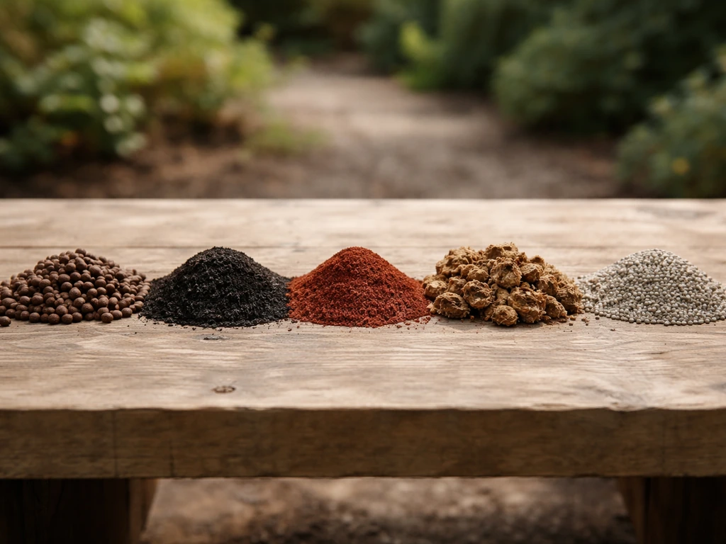 Diverse meststoffen in kleine hoopjes naast elkaar op een tuinbankje: koemestkorrels, compost, bloedmeel, paardenmest en