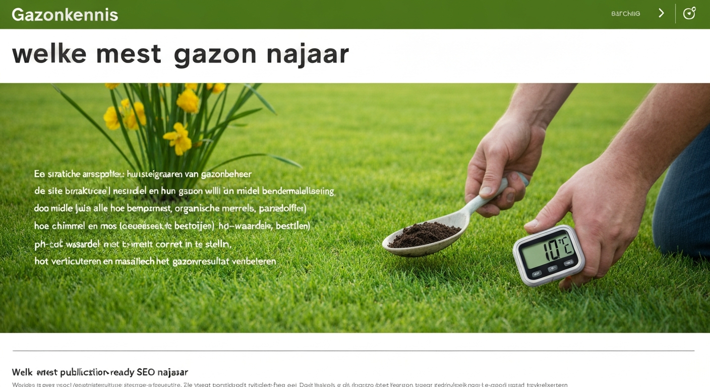 Tuinier strooit najaarsmest over een gezond gazon in een Nederlandse achtertuin; bodemthermometer toont ~10 °C.