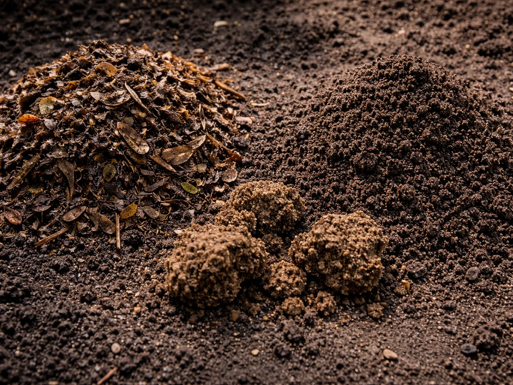 Close-up van rijpe compostsoorten met verschillende texturen, geschikt voor een gazon.