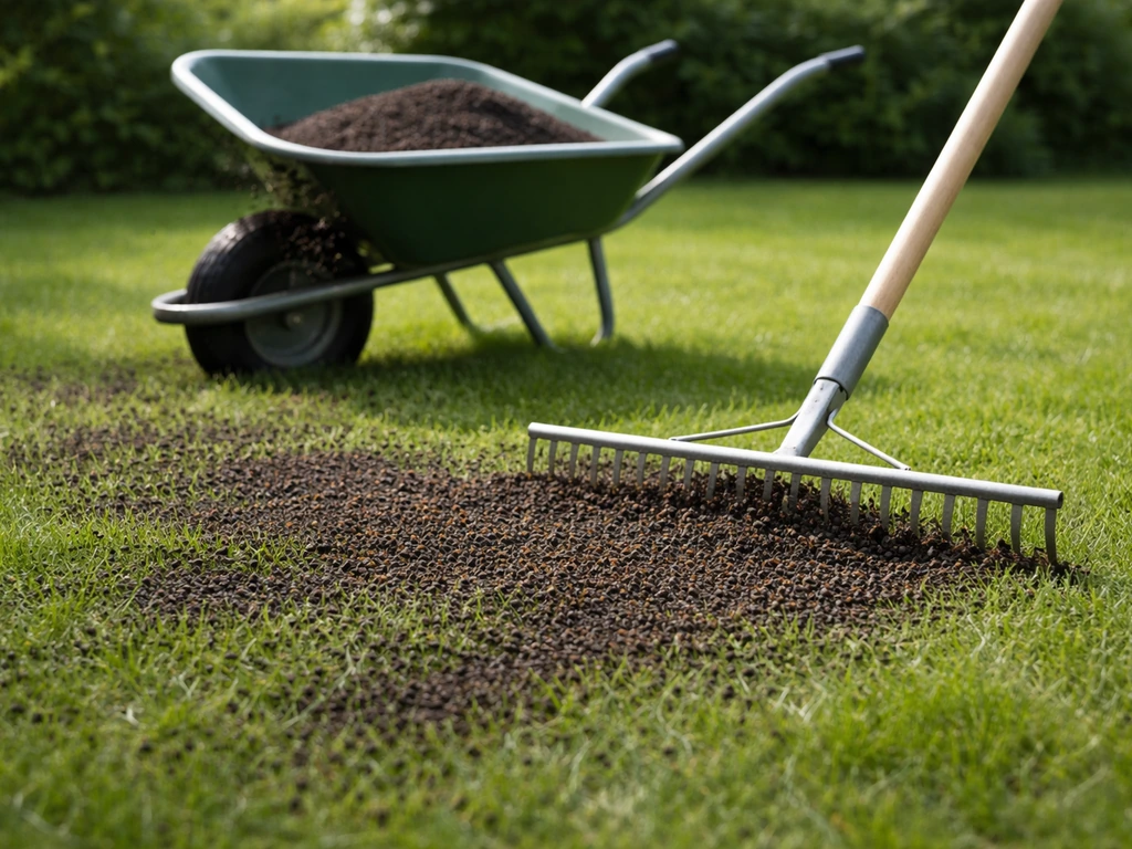Compost in een kruiwagen/ strooibak wordt gelijkmatig over een gazon uitgerold.