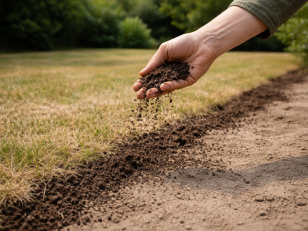 Tuinrand met licht uitgedroogd gazon op zandgrond en iemand strooit fijne compost uit