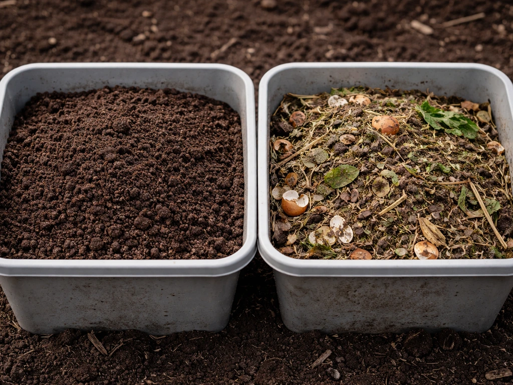 Vergelijking van rijpe (donkerbruin, fijn) en onrijpe compost (lichter, stoffig met grove delen) in twee bakken.