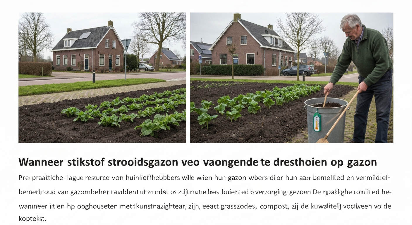 Voorjaarsgazon in Nederland met tuinier die meststof strooit; thermometer toont ≥10 °C.