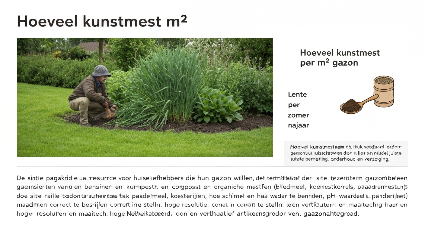 Illustratie van een gezond gazon met zak kunstmest en strooier, hero-afbeelding voor artikel over dosering per m².