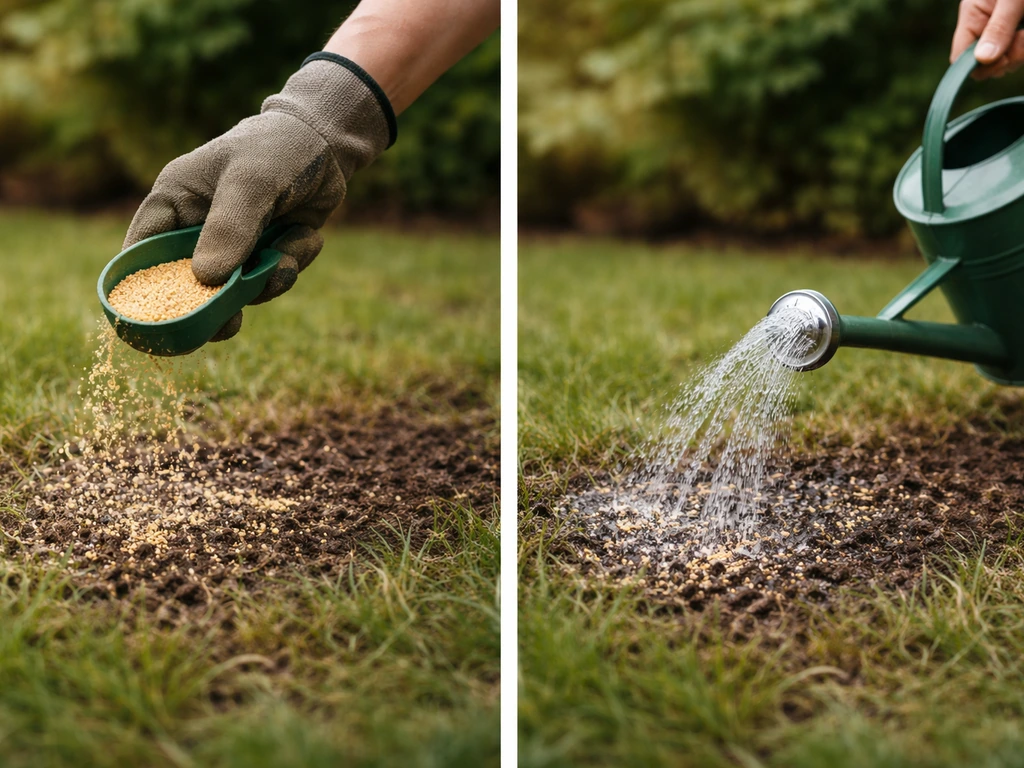 Tuinier met handschoenen die zwavel/zuurstofmeststof uitstrooit en daarna de grond besproeit