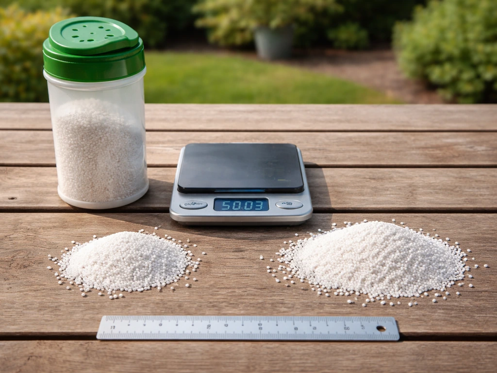 Weegschaal en twee hoopjes ammoniumsulfaatkorrels (±50 g en ±80 g) voor dosering per m²