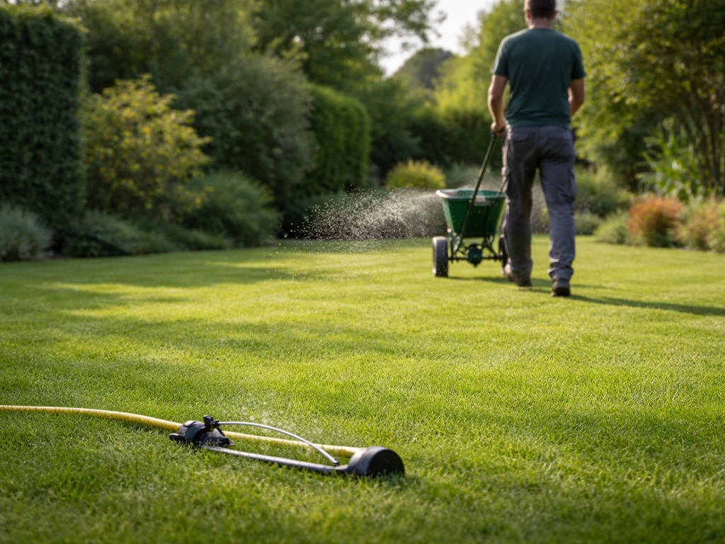 Tuinman die met een strooier ammoniumsulfaat gelijkmatig over een gazon uitstrooit, met beregening klaar.