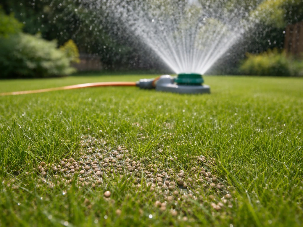 Tuinberegening die fijn water over het gazon sproeit direct na het uitstrooien van mestkorrels