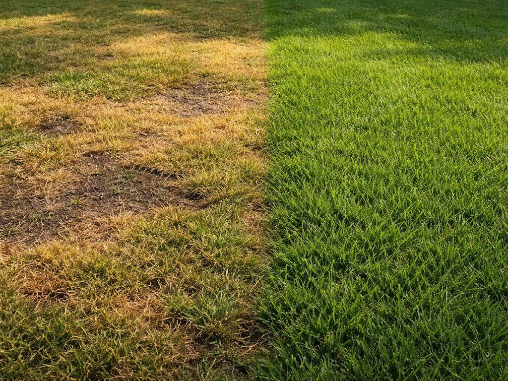 Gazon met verkleurde brandplekken door te veel of te droge toepassing, naast een groen en gezond stuk.