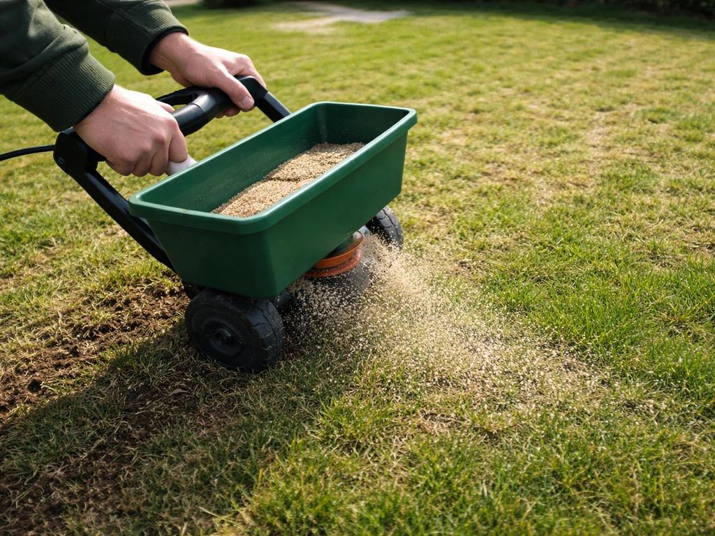 Handen strooien gazonzand over verticuteerd gazon; zand zakt zichtbaar tussen de grassprieten.